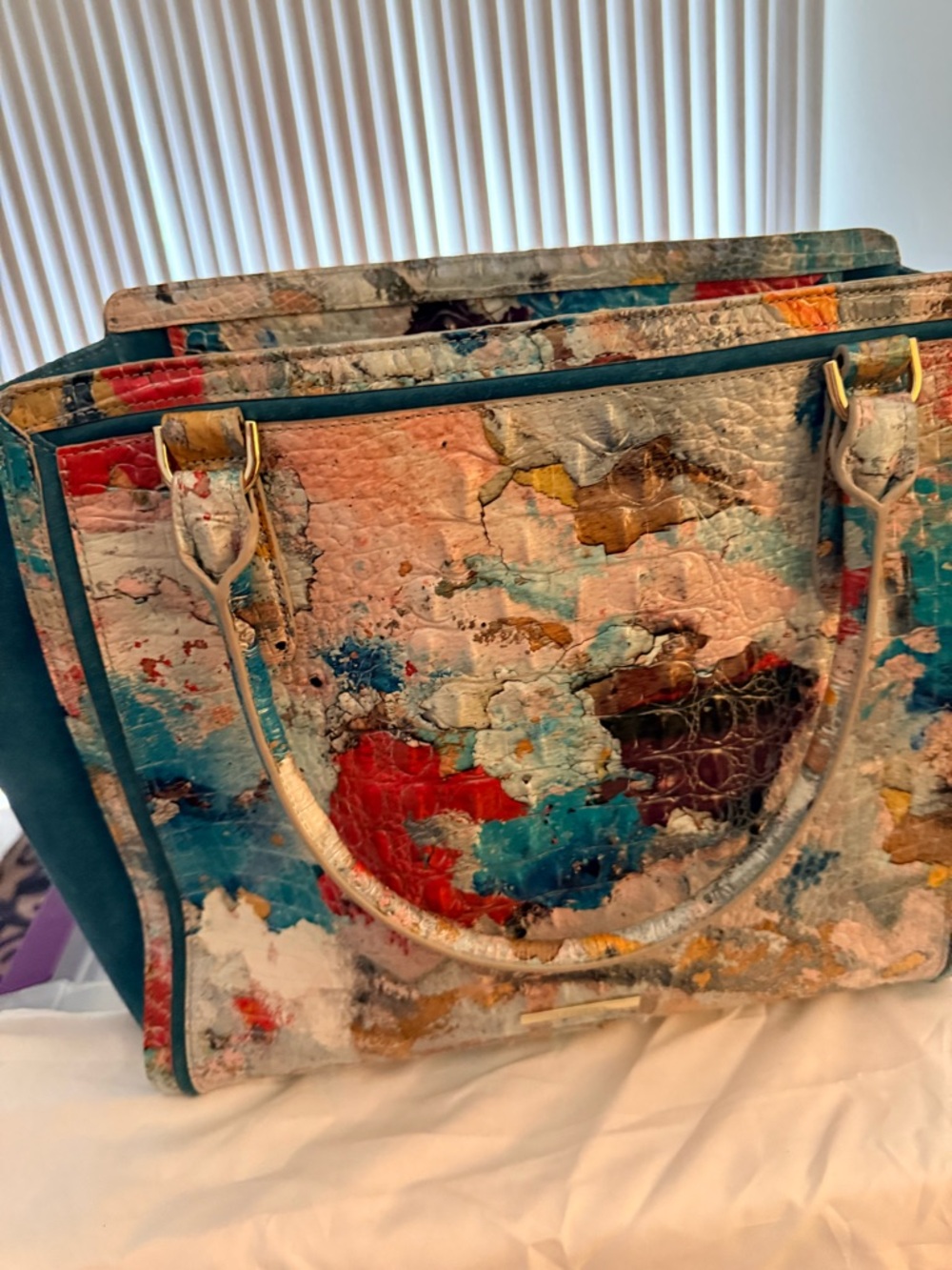 Brahmin Multicolor Abstract Satchel-Teal Suede Trim Petra II Mosaic Portovera